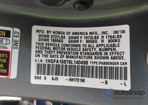 2006 Honda Civic Ex z USA, uszkodzony, nr VIN 1HGFA16876L140498